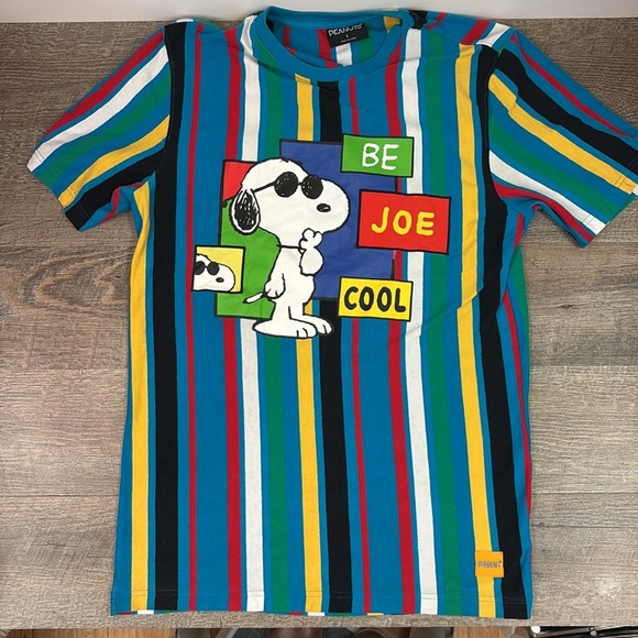 Vintage Peanuts Snoopy ‘BE JOE COOL’ Men’s Striped Short Sleeve T-Shirt Size L - Picture 2 of 9